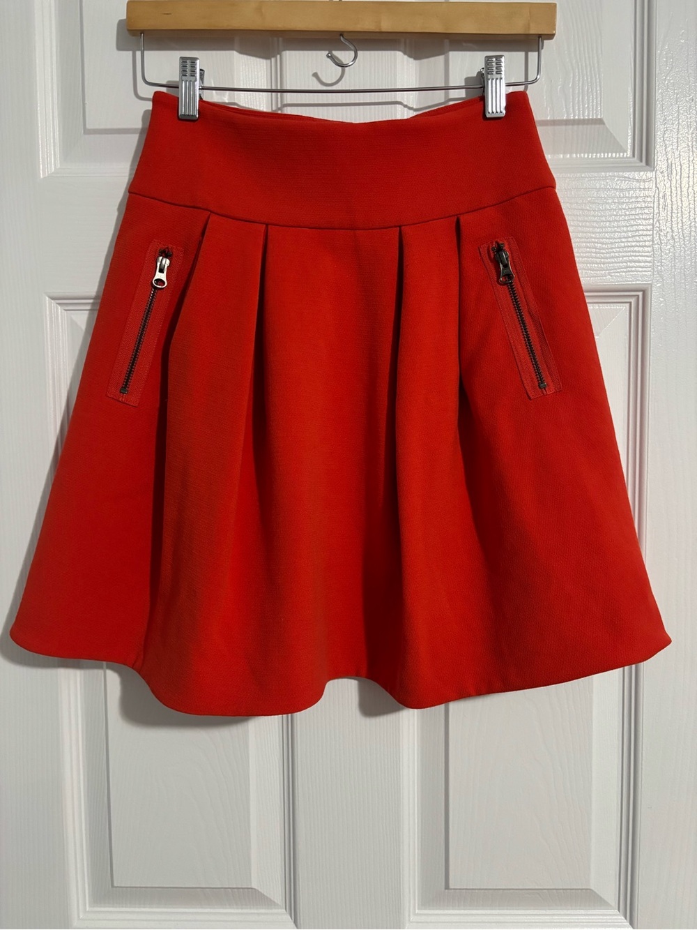 Anthropology Maeve Scarlet Pleated Swing Red A-Line Skirt with Zip Pocket Detail
